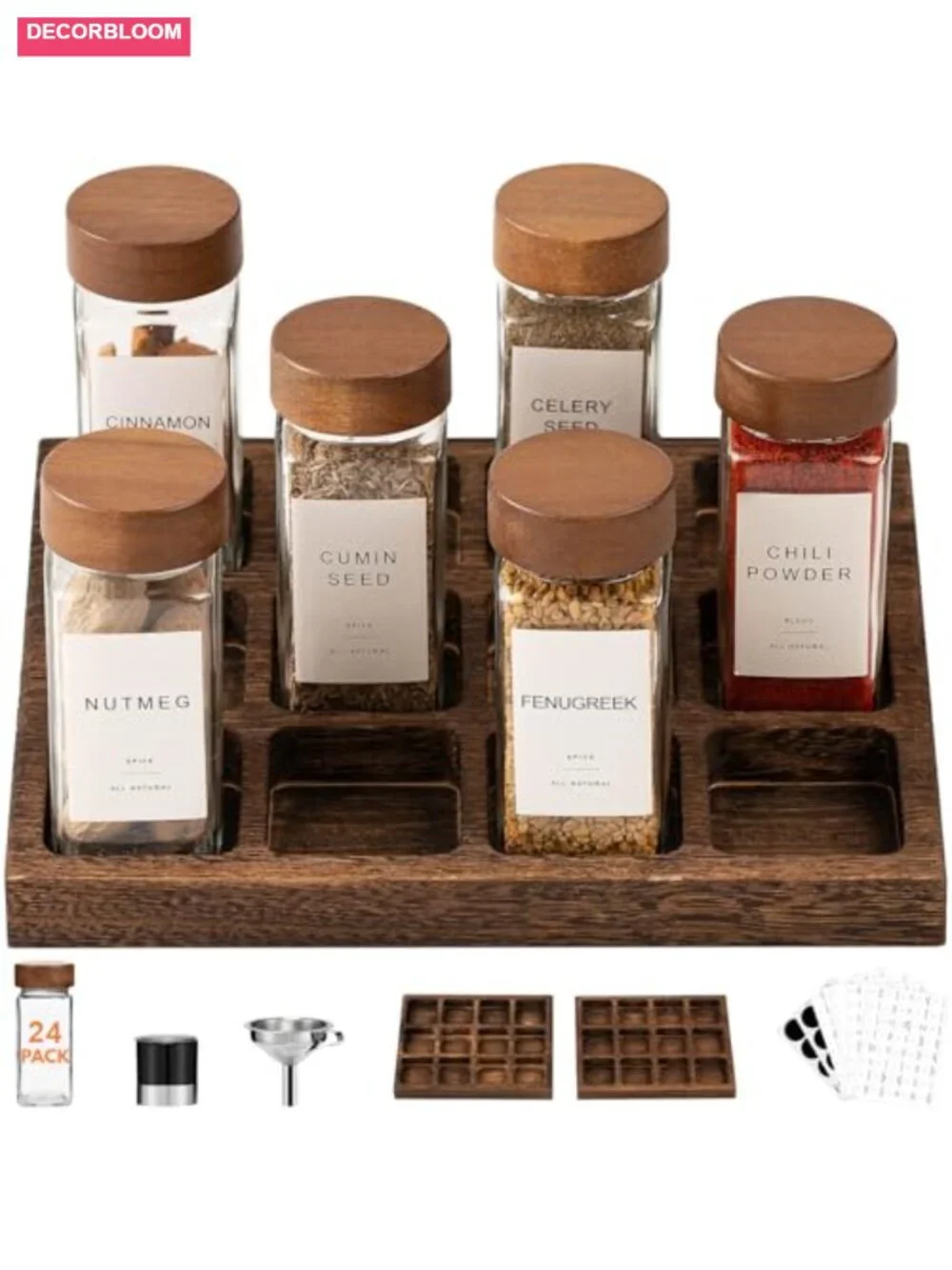 24pcs 4oz Glass Spice Jars with Acacia Wood Lids & 2 Racks